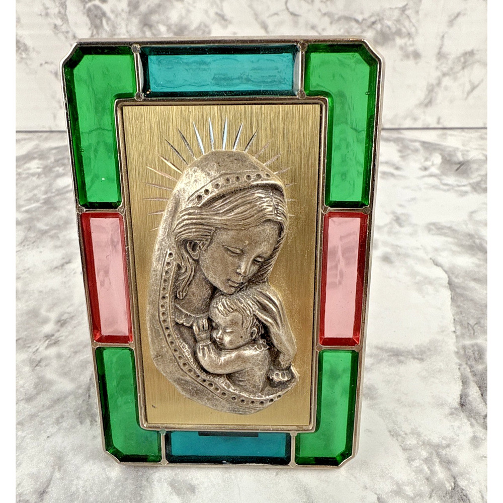 Vintage Madonna‎ & Child Etched Embossed Metal Stained Glass Frame Made In Italy